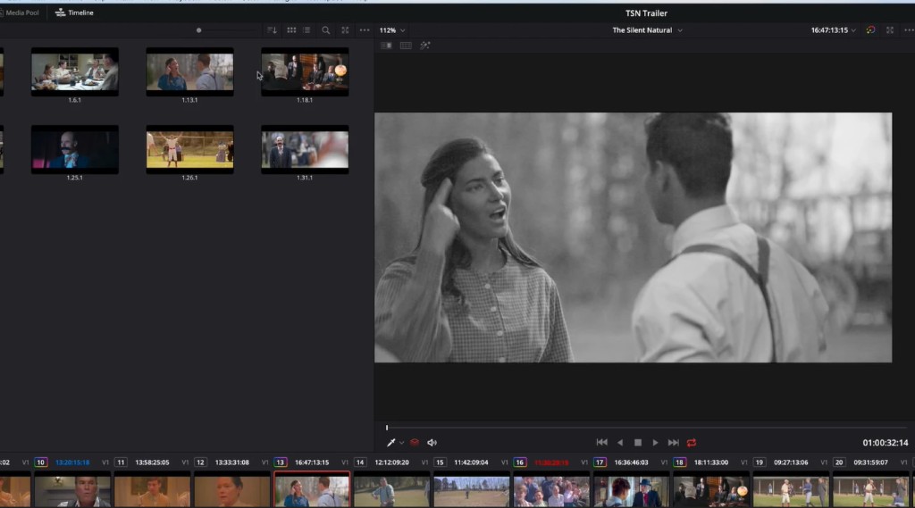 DaVinci Resolve Color page with stills bin and viewer