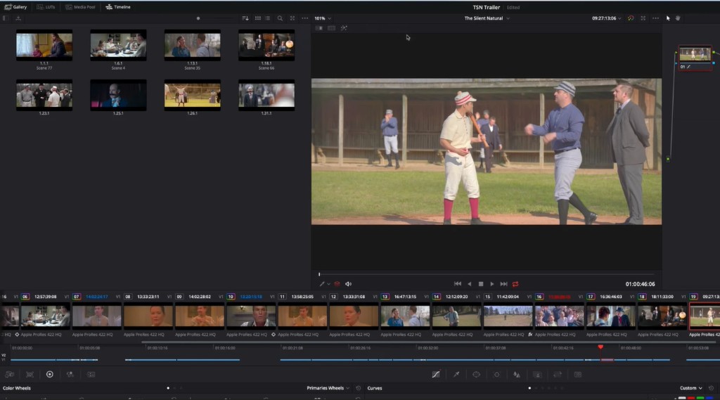DaVinci Resolve Color page gallery, viewer, and grade controls