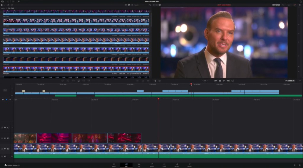 DaVinci Resolve Cut page with dual timelines and program viewer