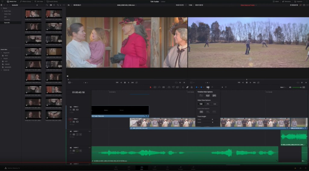 DaVinci Resolve Edit page with dual viewers and timeline