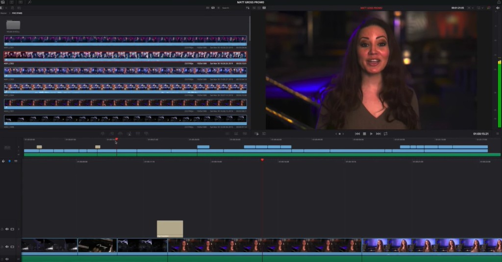 DaVinci Resolve Edit page media pool list and timeline